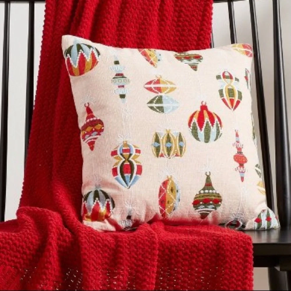 Threshold Embroidered Ornament Square Christmas Throw Pillow in Blush